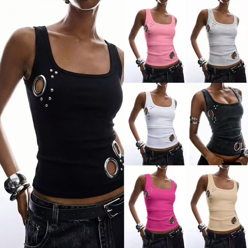 European and American Y2K slim-fit short ribbed tank top with metal eyelet decoration for inner or outer wear European and American Y2K slim-fit short ribbed tank top with metal eyelet decoration for inner or outer wear