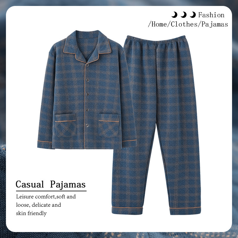 Men's Pajamas Autumn and Winter Thickeneded Pure Cotton Long-Sleeved Dad's Large Size Sandwich Quilted Air Cotton Middle-Aged and Elderly Home Clothes