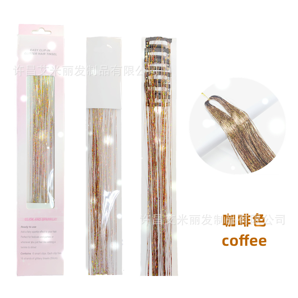 6 piezas de pelo de oropel láser de oro brillante colorido oro y plata caja de regalo BB clip sola tarjeta peluca pieza