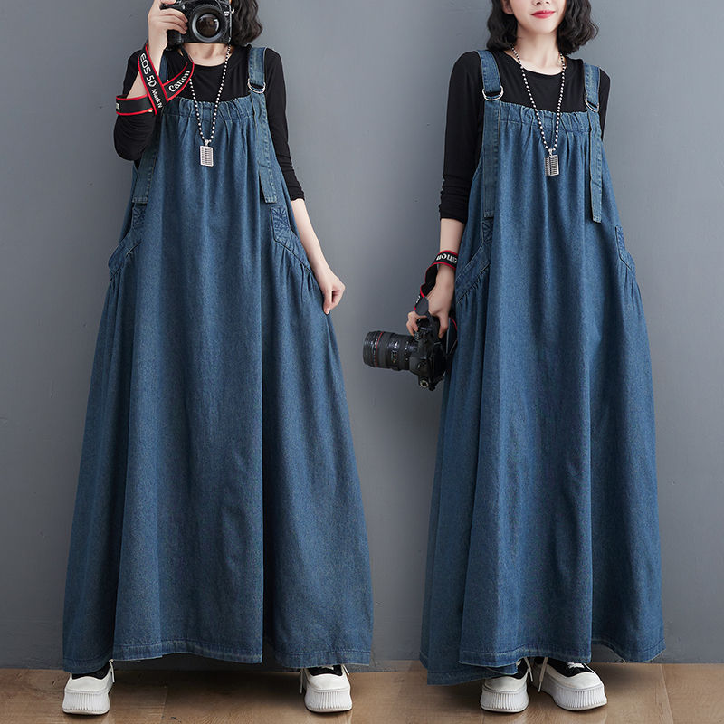 Large Size Chubby Girl's Spring and Autumn Long Dress Retro Loose Slim Denim Strappy Dress Elegant Age-Reducing Large Swing Dress New in Style