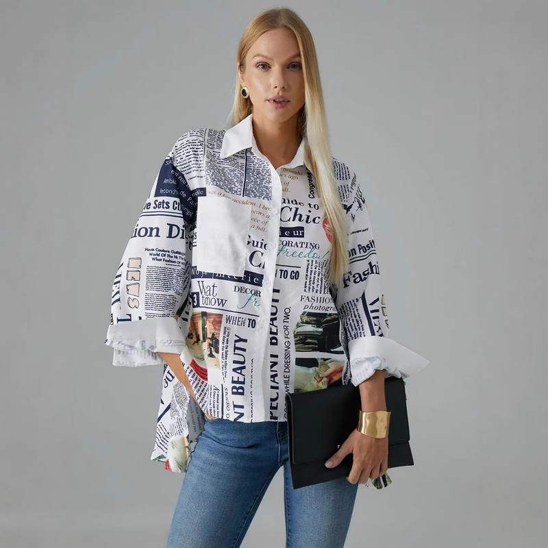 Cross-Border Casual Fashion English Newspaper Digital Printing Temperament Women's Lapel Long-Sleeved Short Front and Long Back Shirt Shirt Cross-Border Casual Fashion English Newspaper Digital Printing Temperament Women's Lapel Long-Sleeved Short Front and Long Back Shirt Shirt