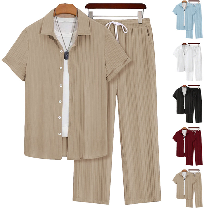 Nuevo nuevo transfronterizo Europa y América Amazon hombre Hawaii negocios casual suelto manga corta camisa larga set