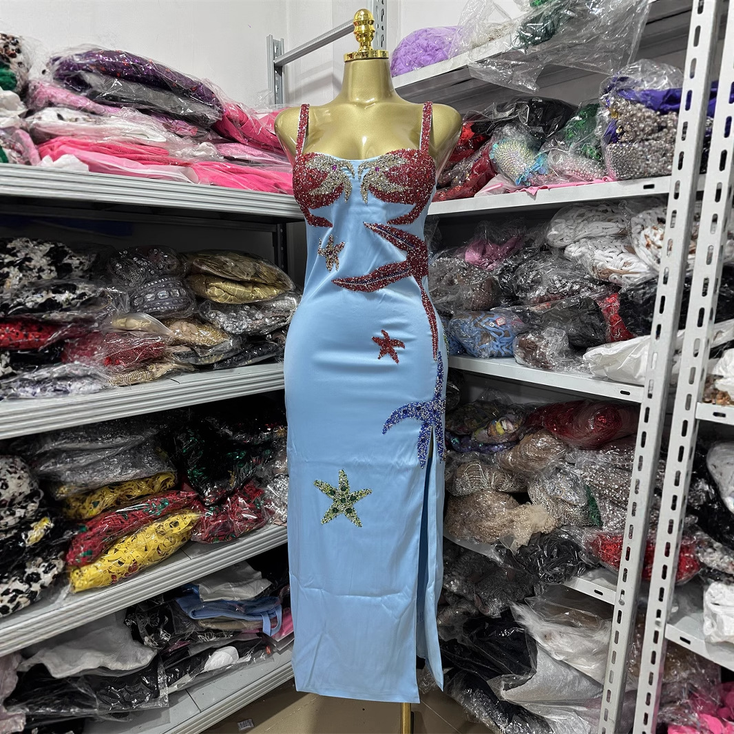 국경을 넘나드는 실물 촬영 새로운 슬림핏 패셔너블한 개성 디자인 불가사리 핫 다이아몬드 슬릿 드레스 비치 여성 의류