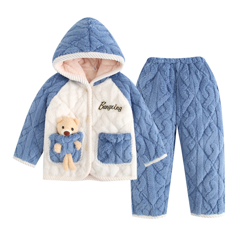 【新款】儿童睡衣冬季加厚三层夹棉加绒中大童厚男女童保暖家居服