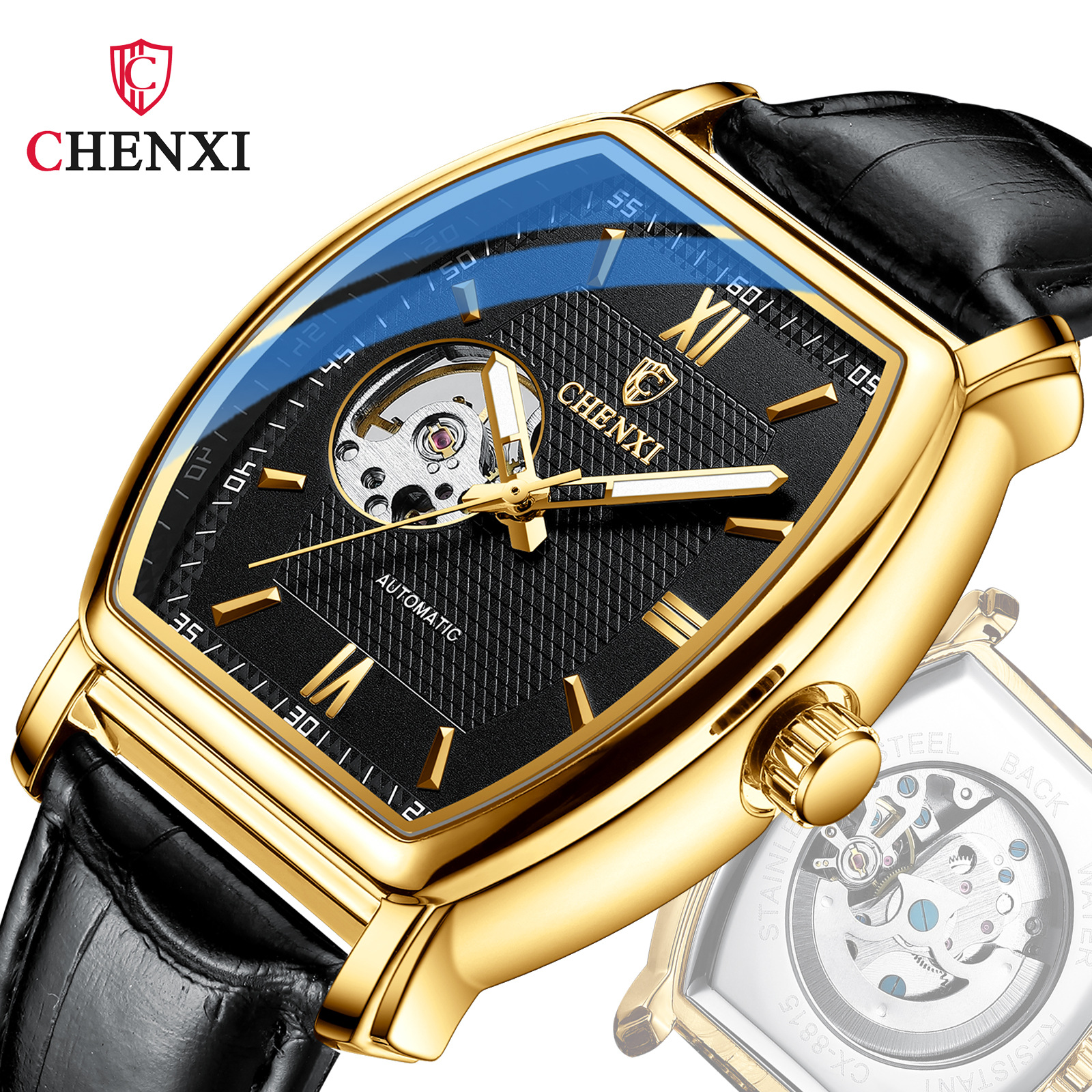 CHENXI/Chenxi Men's High-End Mechanical Automatic Fashion Square Water-Resistant Engraved Watch
