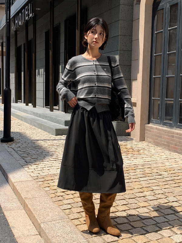 MOXI十三行女装2025秋季新款韩系休闲系带中长款高腰显瘦半身裙子|undefined