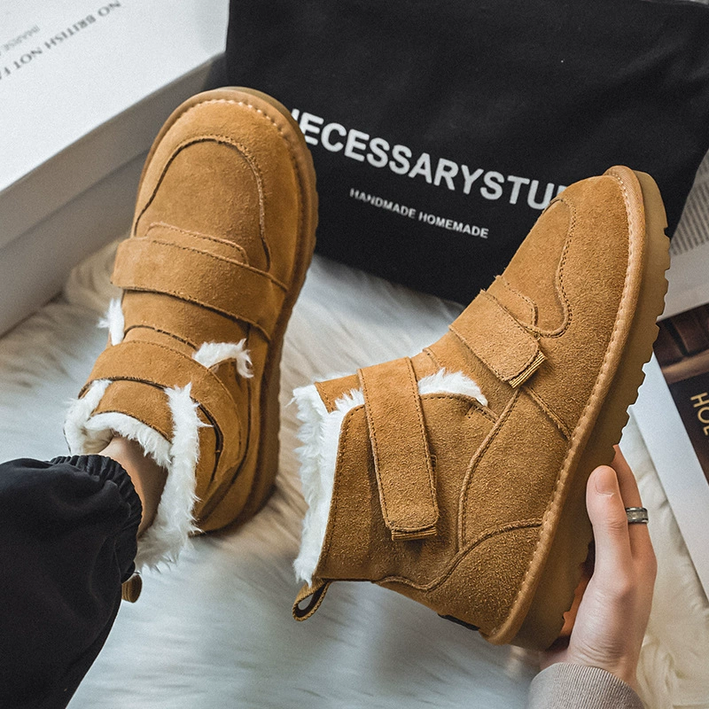 Теплые уличные Нескользящие мужские зимние сапоги на липучке на толстой подошве с флисовой подкладкой, зимние хлопковые сапоги с утолщенным мехом для пары