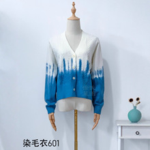 大理手工扎染秋季新款清新文艺风女士针织衫蓝染V领开衫毛衣