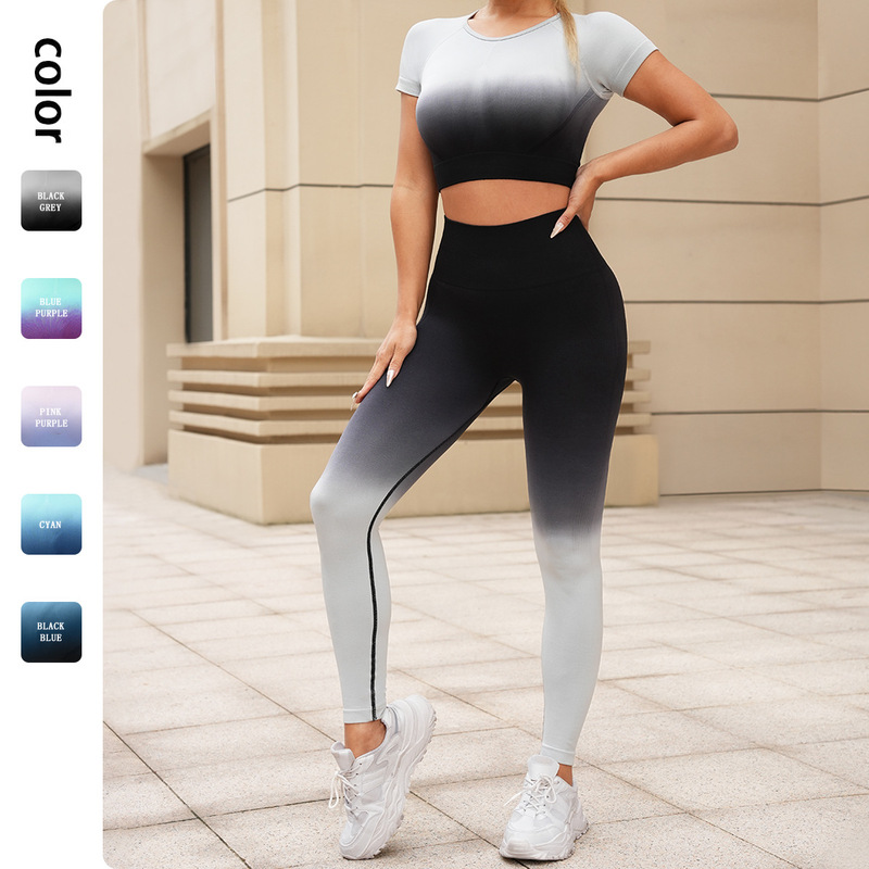 Cross-border Gradient Seamless Yoga Suit suit Women's Quick-drying Sports Fitness Suit Top Short-sleeved Peach Hip Yoga Pants