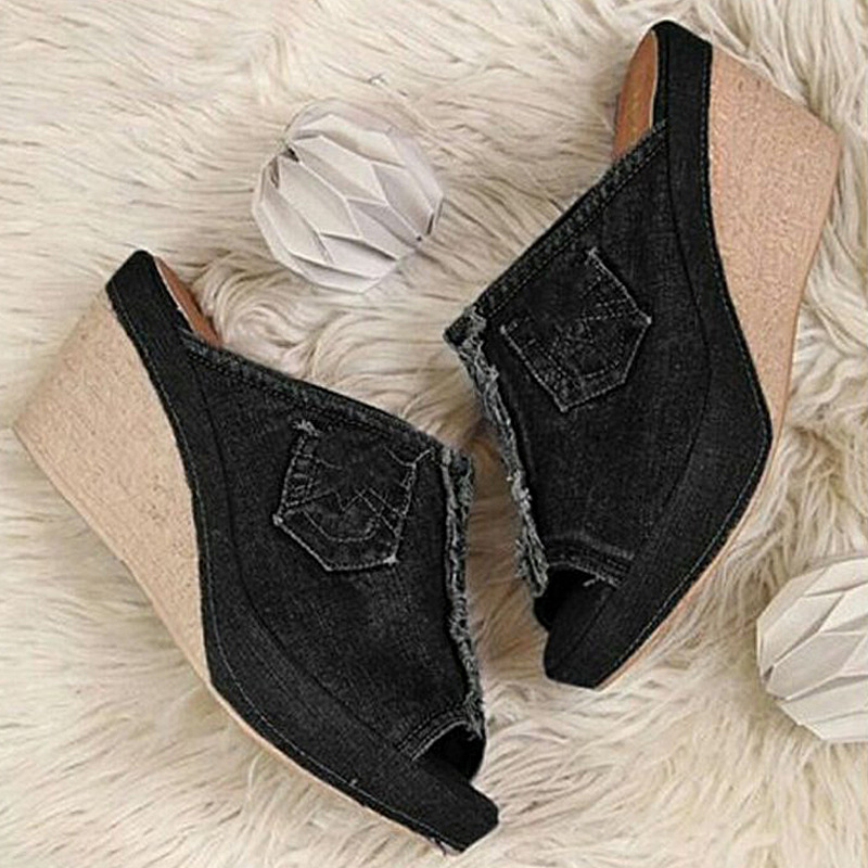Women's Wedge Sandals Denim Thick Sole Comfortable Summer Slippers_voghion.com