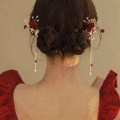 赤いバラの花のフリンジヘアかんざし高級感中国風u型かんざし女性古風チャイナドレス髪飾り