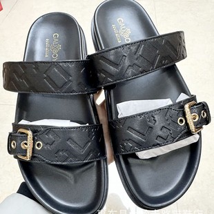 Wholesale explosions GALX BOY fashion new double strap sandals women's metal buckle embossed soft and comfortable casual slippers