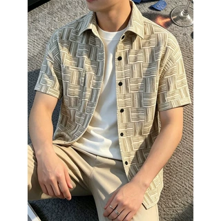 夏季格纹翻领短袖衬衫男款美式复古青少年穿搭慵懒松弛感衬衣外套