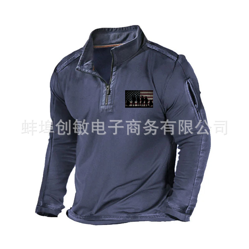 Primavera y otoño Comercio exterior más tamaño de los hombres al aire libre bolsillo con cremallera media cremallera cuello táctico de manga larga Camiseta suéter casual