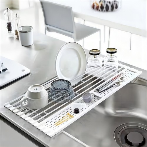 Kitchen sink drain rack foldable washbasin drain basket kitchen sink storage bowl rack roller curtain drain pad rack