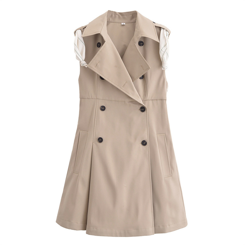 Square trench coat dress 2025 spring European and American temperament lapel sleeveless double-breasted wide pleated hem A- line mini skirt