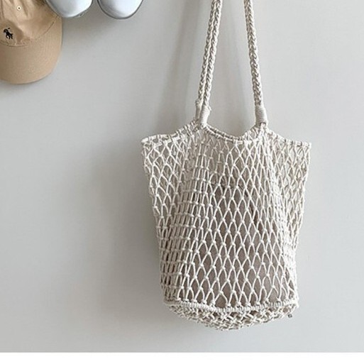 New Large-Capacity Hollow Woven Bag, White Vacation Beach Mesh Bag, Dopamine Handmade Cotton Tote Bag for Women