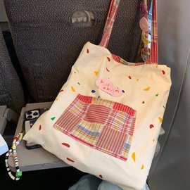 韩版 ins文艺百搭帆布包卡通可爱少女时尚拼接格纹撞色单肩托特包