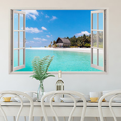 J024廠家跨境3D假窗風景牆貼可移除客廳臥室自粘PVC貼紙裝飾批發