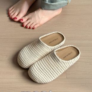 French Niche Hand-Woven Hollow Breathable Toe-Cap Half Slippers for Women's Summer Outer Wear Roman Style Thick-Soled Mule Shoes