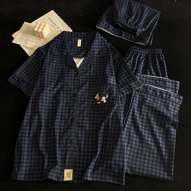 플레인블루 체크 강아지 [반팔+반바지+바지]