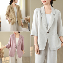 实拍2025夏季文艺纯色棉麻七分袖小西装外套女夏休闲棉麻西服上衣