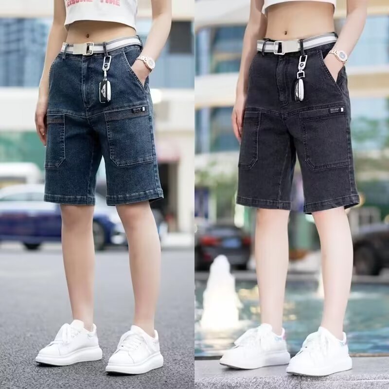 Pantalones cortos de mezclilla de la calle para hombres 2024 marea de verano retro lavado y pantalones de pierna recta desgastados pantalones de cintura elástica sueltos de cinco puntos