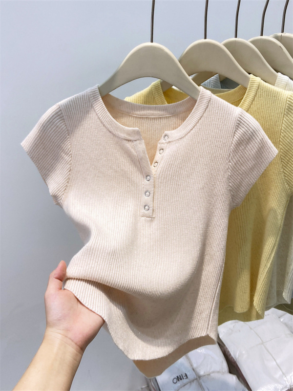 Vネックセーター半袖Tシャツレディース2025夏新デザインスリムフィットショート万能ボトムストップ|undefined