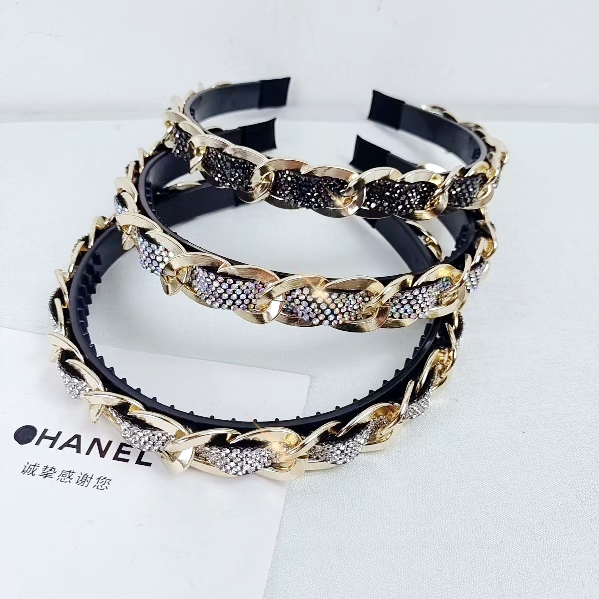 韓國小香風水鑽發箍女高級頭箍氣質名媛簡約發卡帶鑽鏈條發捆頭飾