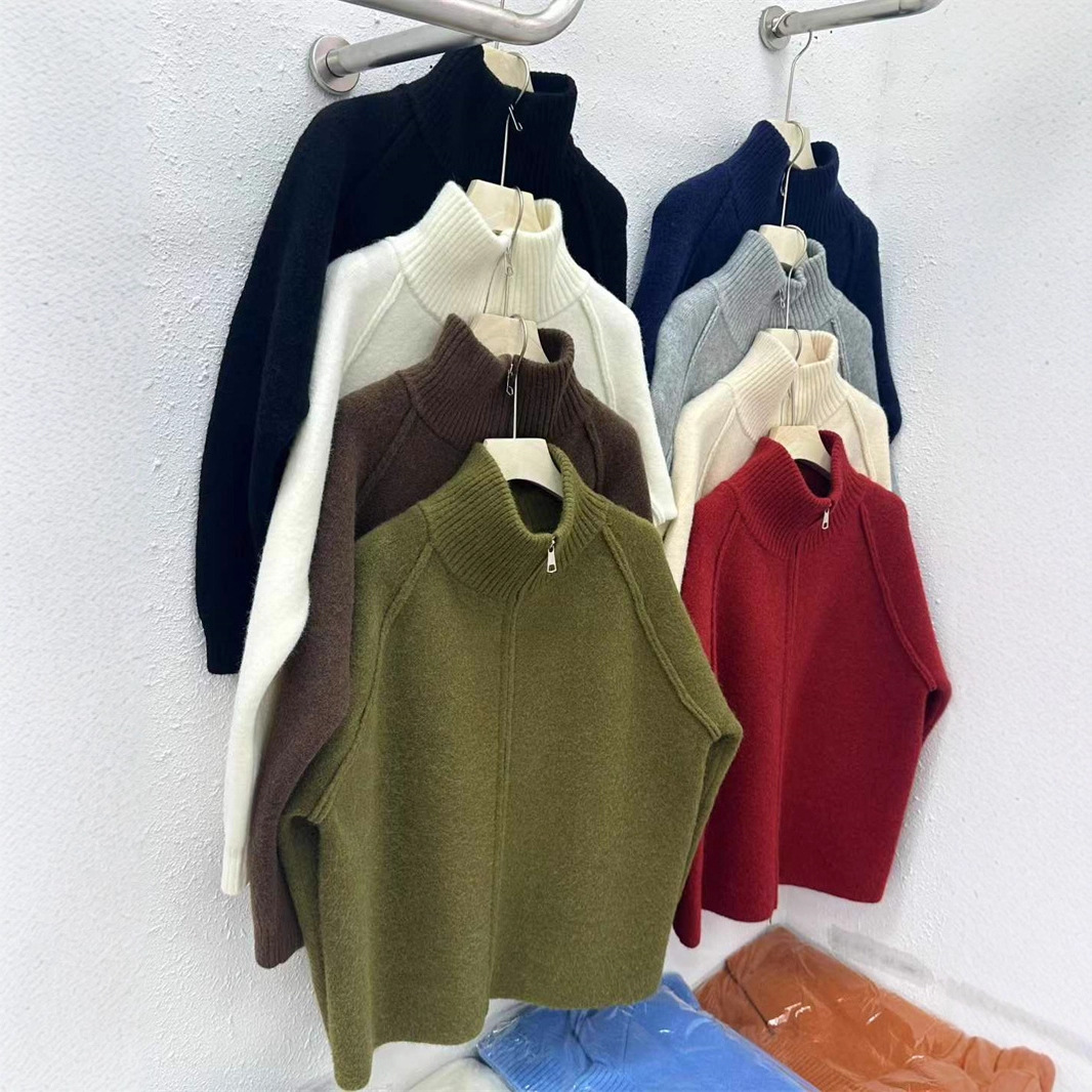 设计感立领双拉链毛衣外套女秋冬新款韩系慵懒风纯色加厚针织开衫