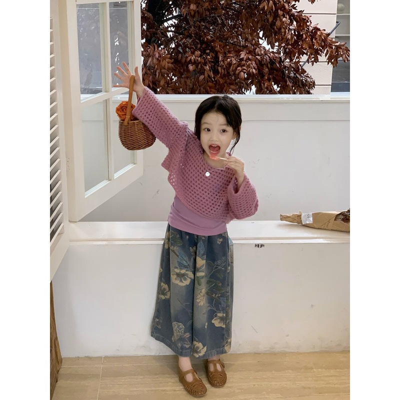 女童秋秋套装2025新款儿童洋气镂空针织花朵牛仔裤三件套宝宝衣服|undefined