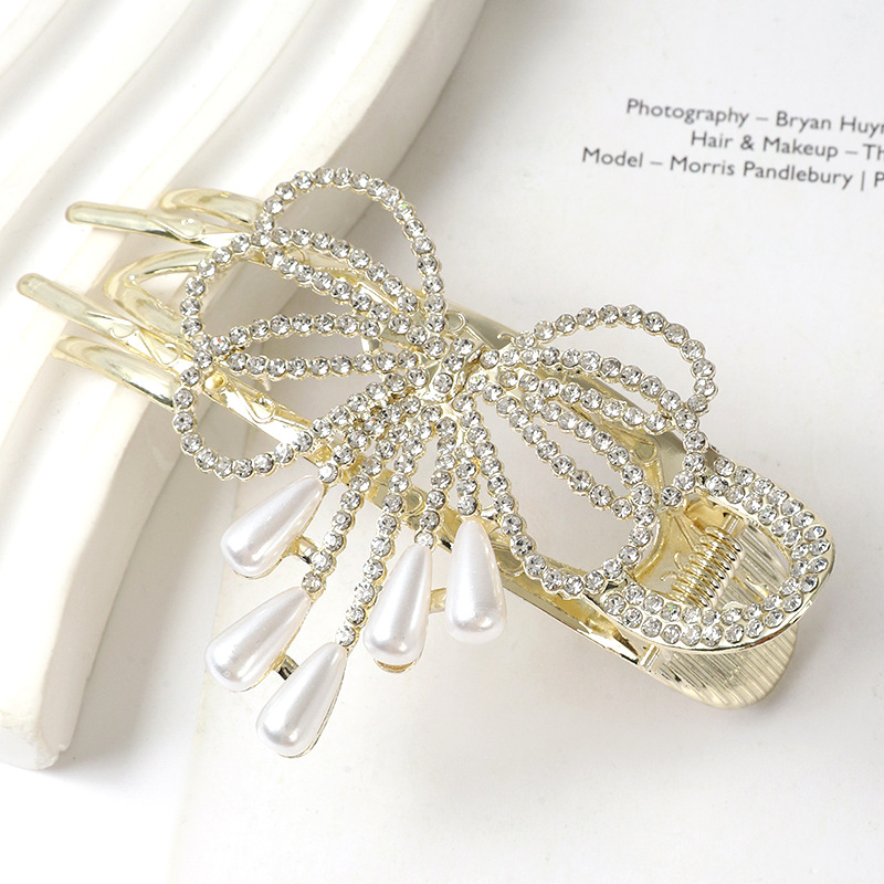 Sweet Bow Knot Metal Inlay Rhinestones Pearl Hair Clip 1 Piece display picture 2
