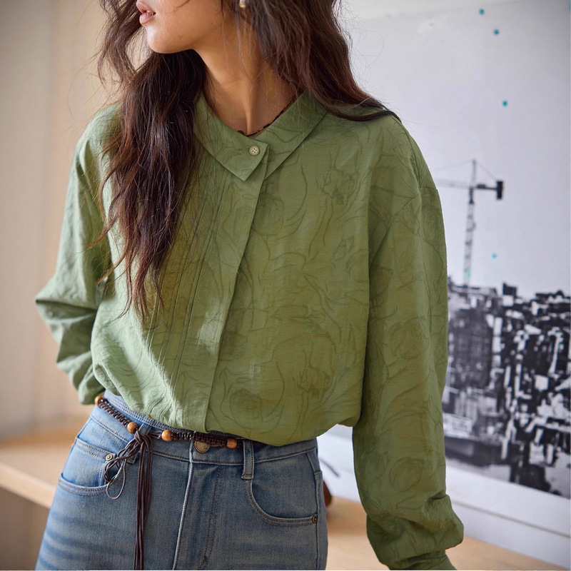 Linen Shirt for Women with a High-End Feel, French-Style Asymmetrical Jacquard Collar Shirt for Women, Autumn 2025 New Model