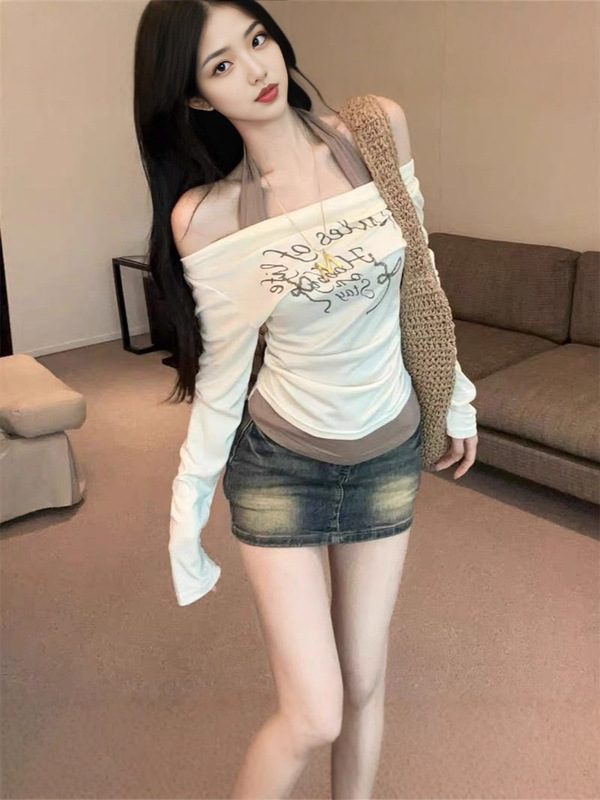 韩版小众别致绝美挂脖两件套一字肩斜肩辣妹防晒衣长袖T恤上衣女|undefined