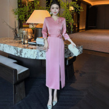 重工手工钉珠V领立体花七分袖优雅压褶礼服连衣裙欧美女秋2025