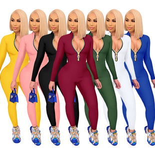 2021 European and American New Ebay Amazon Wish Cross-Border Fashion European and American Clothing Pure Color Zipper Jumpsuit in Stock