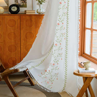 Cotton and Linen Embroidered Pastoral Style Fresh Curtains for Bedroom, Balcony, Living Room, Tassel Partition Short Curtain, Semi-Blackout Window Drape