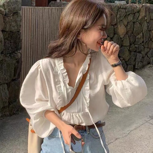 Korean Chic Spring Gentle and Graceful V-Neck Tie-on Ruffle Design Puff Sleeve Loose Solid Color Shirt 