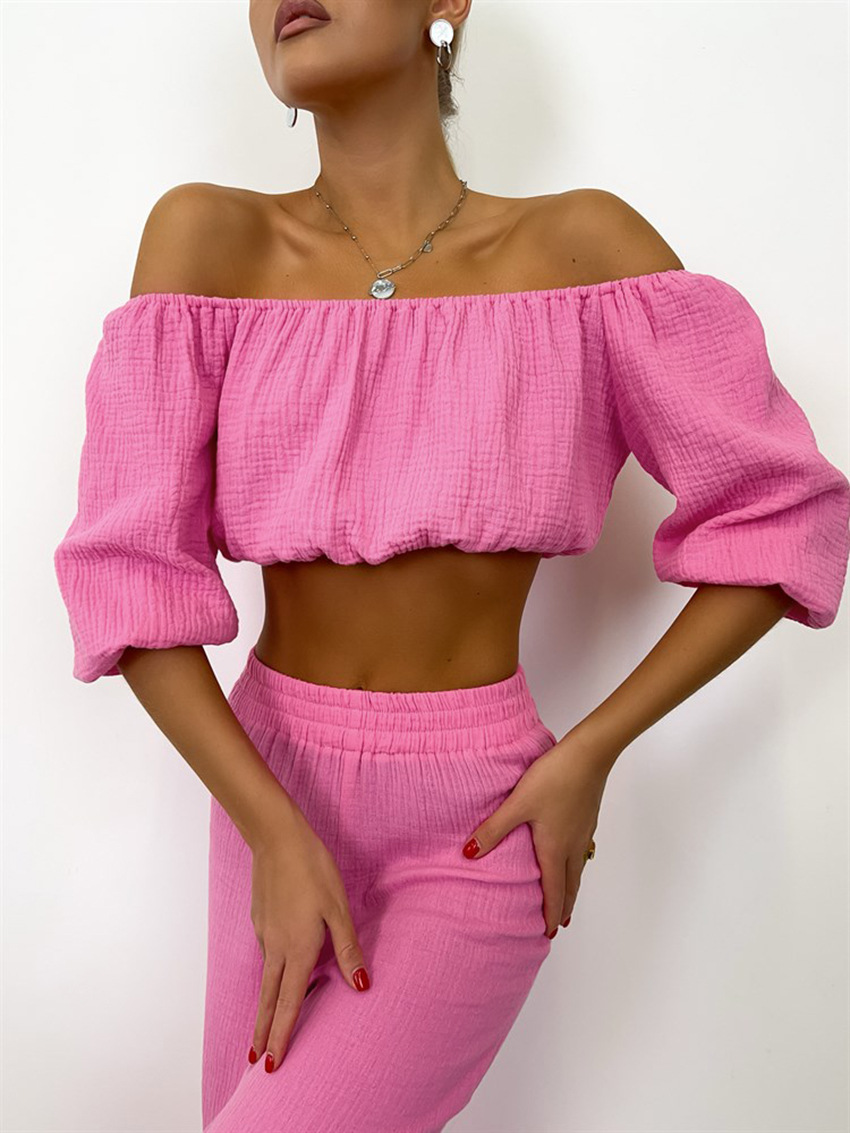 Dames pantalon set met off shoulder top en rechte broek_voghion.com