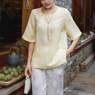 Nanyou New Chinese Style National Style Silk Floral Jacquard Handmade Gourd Top Round Neck Retro Buttoned Women's Tang Suit Shirt