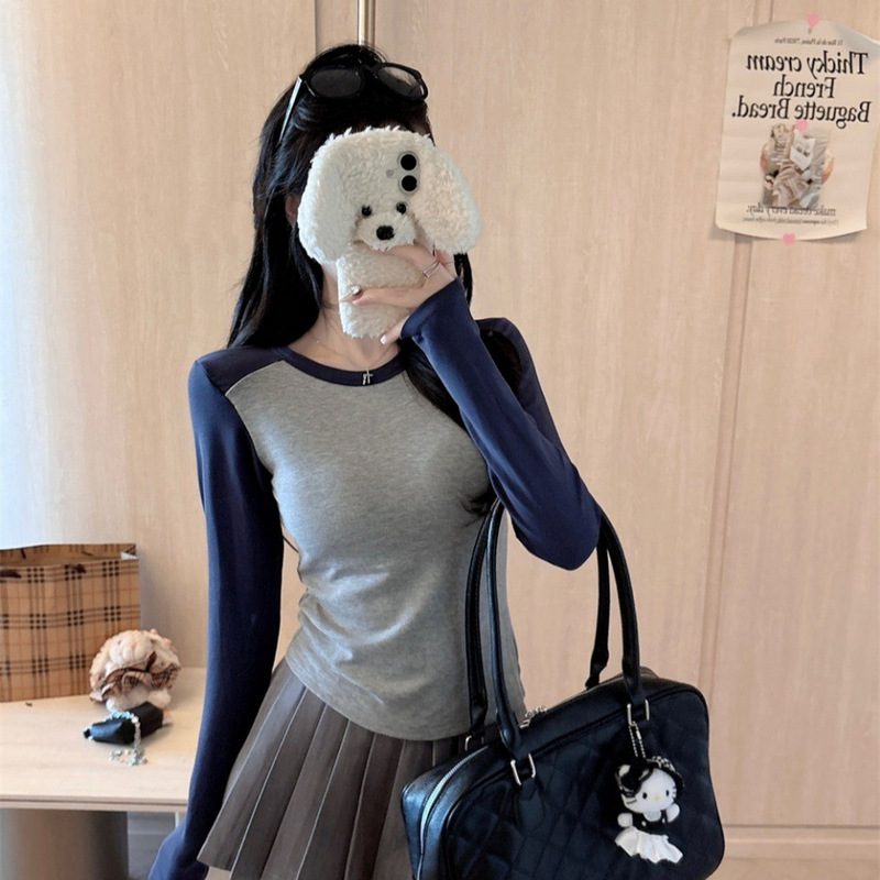 5063 # Early Autumn New Sweet Style Contrasting Color Brushed Warm Long-Sleeved T-Shirt Slimming Look All-In-One with Breast Pads for Women 5063 # Early Autumn New Sweet Style Contrasting Color Brushed Warm Long-Sleeved T-Shirt Slimming Look All-In-One with Breast Pads for Women