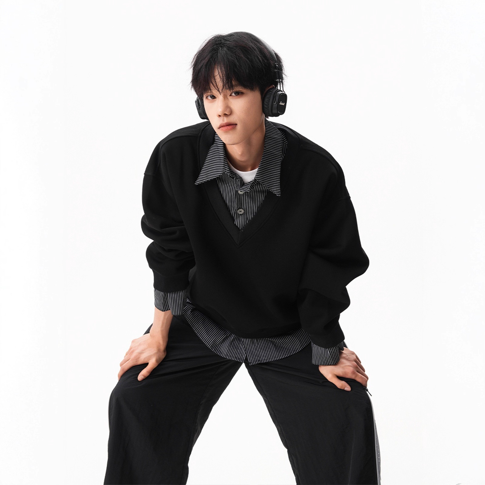 High-Sense Fake Two-Piece Polo Sweatshirt for Men in Autum Loose Contrasting Color Splicing Long-Sleeved Miu Casual Couple Jacket