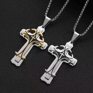 2025 European and American men's cross pendant necklace gold simple punk stainless steel pearl chain necklace
