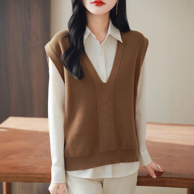 Cross-Border Early Autumn New Pure Cotton V-Neck Knit Vest for Women, Solid Color Loose Sleeveless Pullover Layered Vest