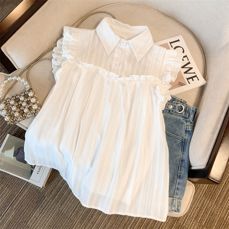 White Shirt for Women, French Gentle Lapel, Sleeveless Ruffled Flying Sleeves, Babydoll Shirt, Loose Belly-Covering Chiffon Top