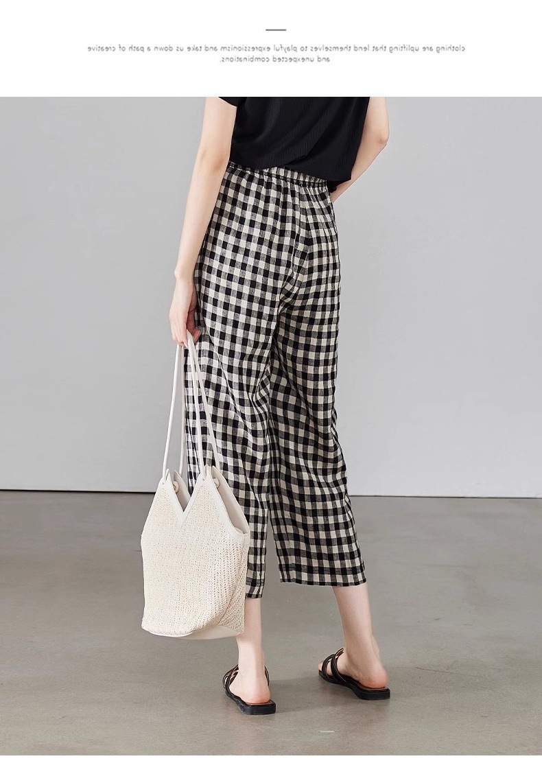 Quần ống thẳng kẻ sọc chín điểm dáng người nhỏ cotton mùa hè mỏng giản dị quần ống thẳng kẻ sọc tám điểm A5225 — Caro đen trắng chi tiết 2