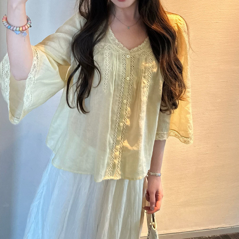 Gentle and Slimming Lace Water-Sleeve Ramie Doll Shirt 2026 Summer New Versatile Simple Shirt Top Gentle and Slimming Lace Water-Sleeve Ramie Doll Shirt 2026 Summer New Versatile Simple Shirt Top