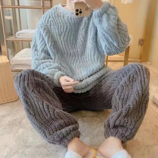 Thickened Coral Fleece Men's Pajamas Round Neck Autumn and Winter Flannel plus size Home Clothes for Young Students suit