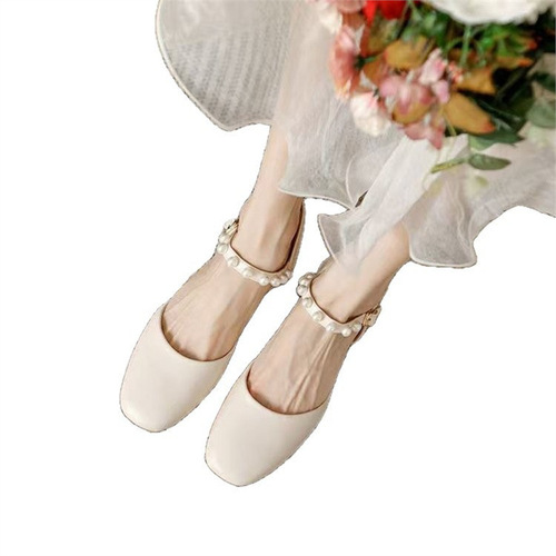 Strap-Heeled Sandals with Chunky Block Heels, Pointed Toe Design, Pearl-Trimmed Roman Style for Women—2025 Collection, Delicate Mid-Calf Length