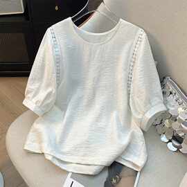 捡漏~夏季新款宽松大码圆领纯色文艺五分袖上衣花边拼接T恤女